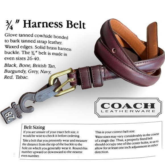 NWT Vintage Coach ¾" Harness Belt | Burgundy Leather Solid Brass | Size 28” - Picture 1 of 13